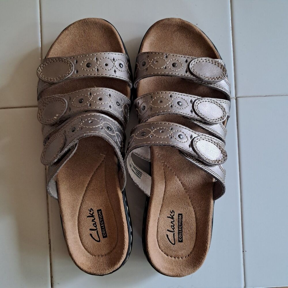 Clarks Women's Leisa Cacti Slide Sandal Silver Gold Sz 6 Adjustable Straps
